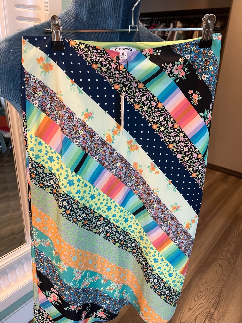 Steve Madden Navy Multi-Stripe & Floral Patchwork Skirt